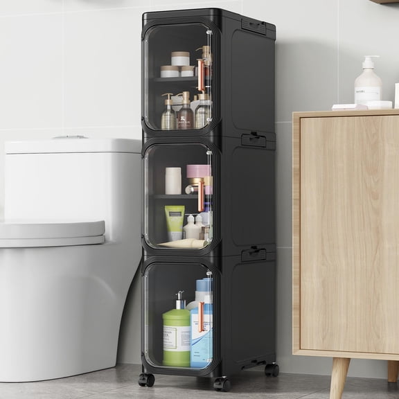 BROVIEW 3-Tier Slim Bathroom Storage Cabinet, Foldable Narrow Bathroom Cabinet Organizer for Small Spaces, Adjustable Fridge & Vanity Gap Storage, Easy Move, Black