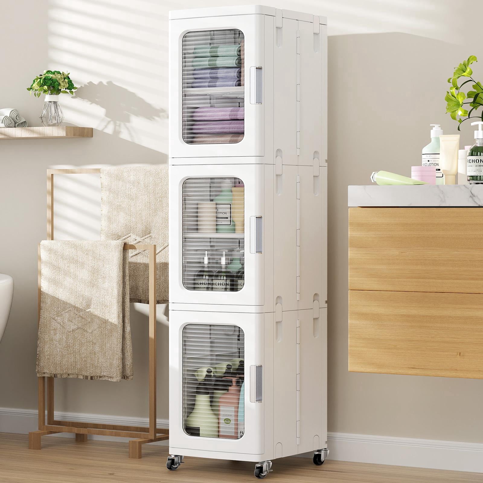 BROVIEW 3-Tier Tall Narrow Storage Cabinet Organizer, Slim Bathroom Cabinets with Doors and Shelves Adjustable, Plastic Kitchen Pantry Organizers and Storages for Small Space, Laundry, White