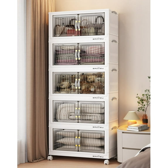 BROVIEW 300Qt Stackable Storage Bins with Lid, Plastic Closet Organizers and Storage Drawer, Collapsible Storage Box with Wheels, Folding Storage Cabinet for Closet Clothes Organization, 5Pack White