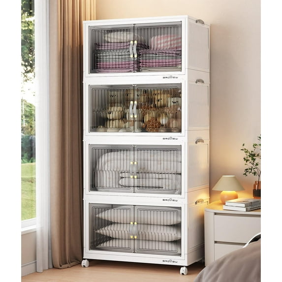 BROVIEW 320Qt Stackable Storage Bins with Lid, Plastic Closet Organizers and Storage Drawer, Collapsible Storage Box with Wheels, Folding Storage Cabinet for Closet Clothes Organization, 4Pack White