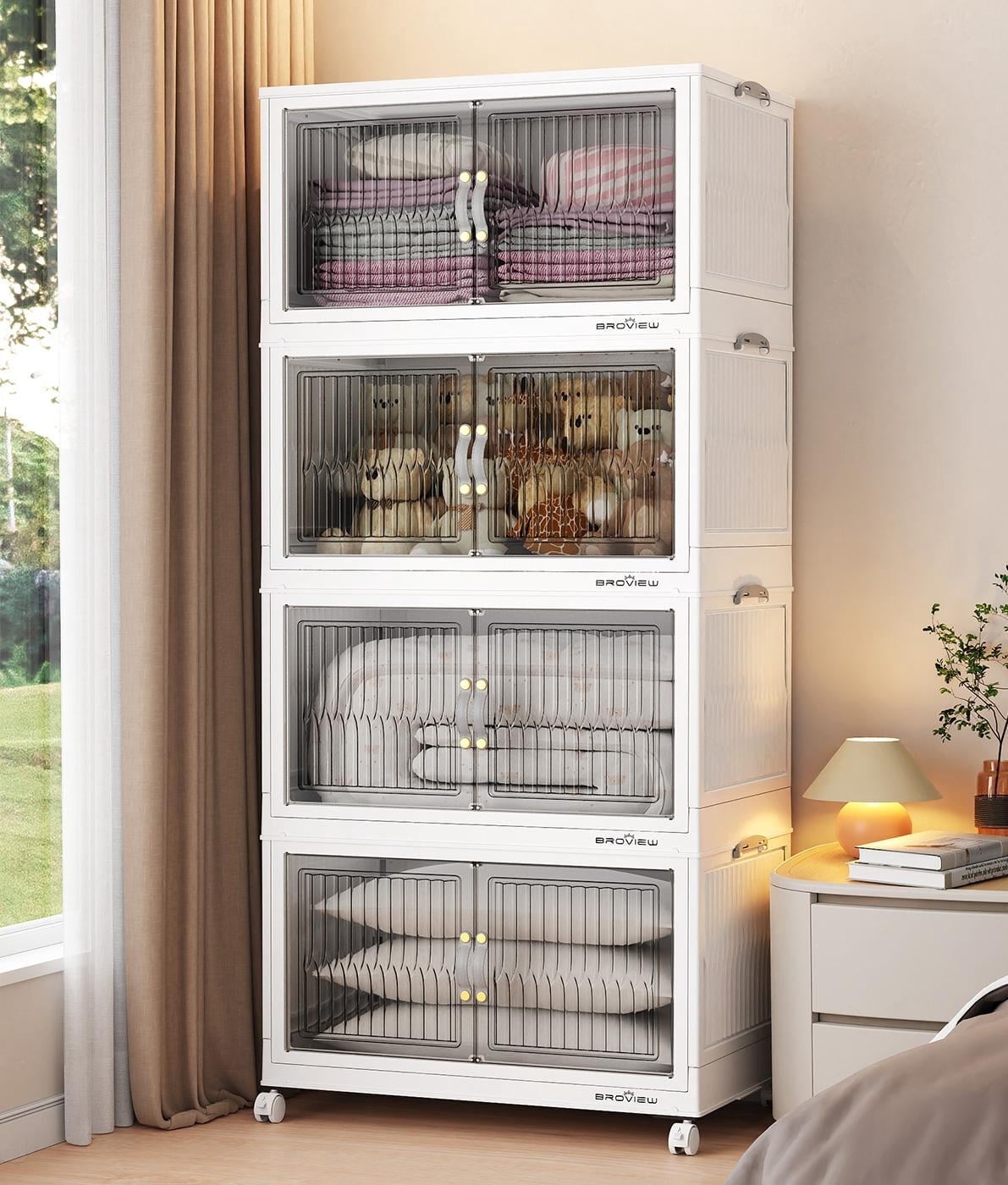 BROVIEW 320Qt Stackable Storage Bins with Lid, Plastic Closet Organizers and Storage Drawer, Collapsible Storage Box with Wheels, Folding Storage Cabinet for Closet Clothes Organization, 4Pack White