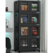 BROVIEW 320Qt Storage Bins with Lids, 80Gal Plastic Stackable Storage Bins with Doors, Wheels, Collapsible Closet Organizers and Storage, Foldable Box Cabinet for Home Office Garage, 4Pack Black