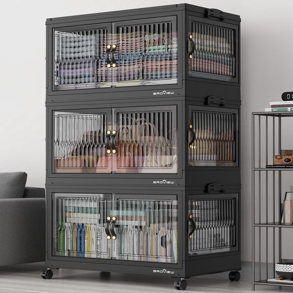 BROVIEW 360QT Large Stackable Storage Bins with Lids and Wheels, Plastic Closet Organizer and Storage Drawer, Collapsible Storage Cabinet with Doors for Home Kitchen, 3Pack Black