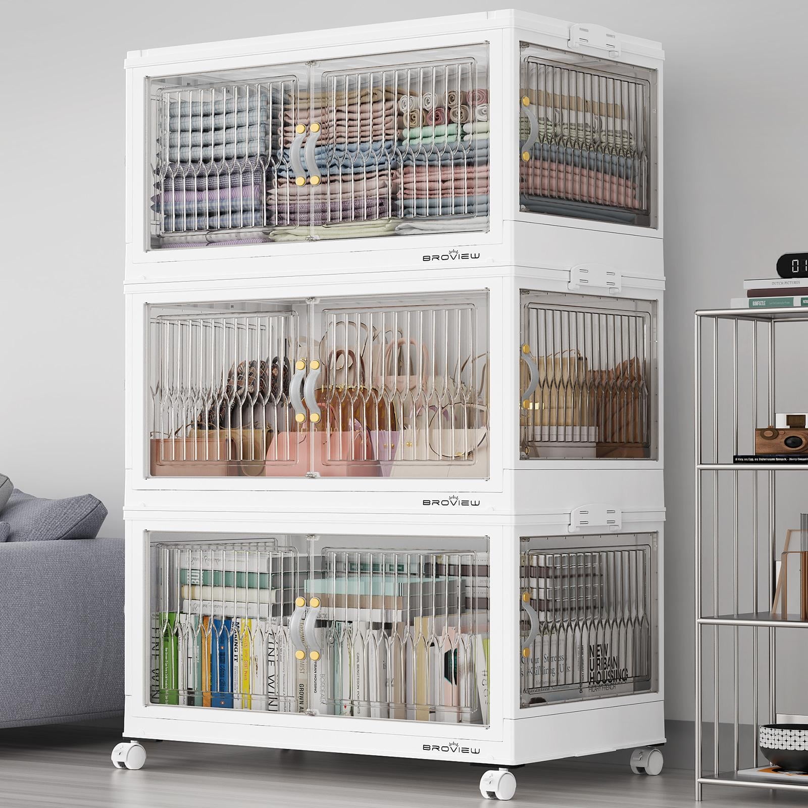 BROVIEW 360QT Large Stackable Storage Bins with Lids and Wheels, Plastic Closet Organizer and Storage Drawer, Collapsible Storage Cabinet with Doors for Home Kitchen, 3Pack White