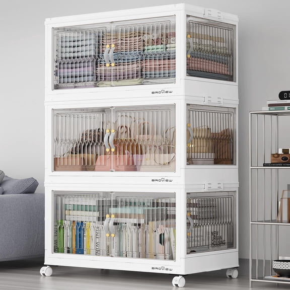 BROVIEW 360QT Large Stackable Storage Bins with Lids and Wheels, Plastic Closet Organizer and Storage Drawer, Collapsible Storage Cabinet with Doors for Home Kitchen, 3Pack White