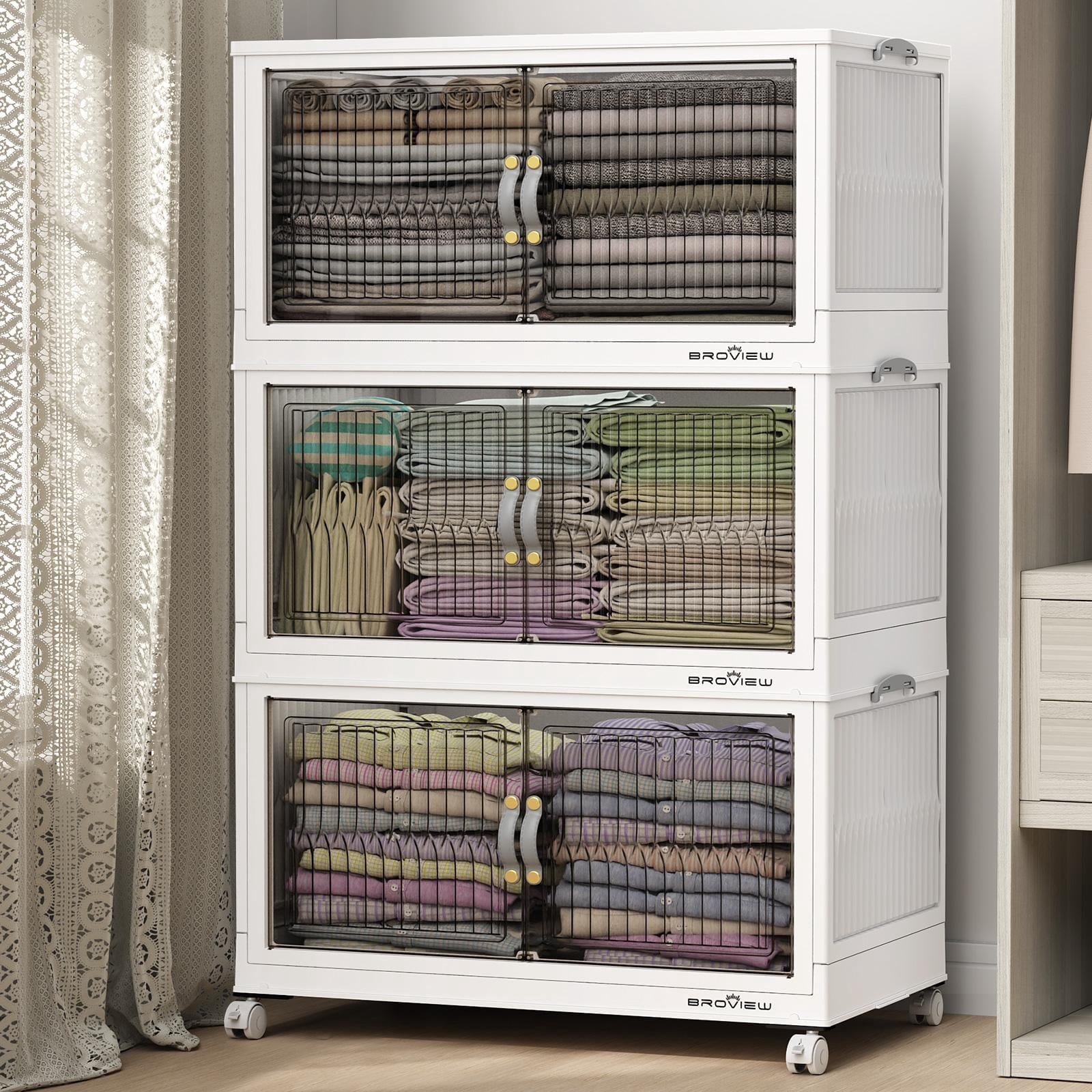 BROVIEW 360Qt Stackable Storage Bins with Lid, Plastic Closet Organizers and Storage Drawer, Collapsible Storage Box with Wheels, Folding Storage Cabinet for Closet Clothes Organization, 3Pack White