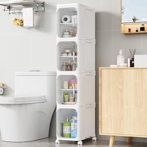 BROVIEW 4-Tier Slim Bathroom Storage Cabinet, Foldable Narrow Bathroom Cabinet Organizer for Small Spaces, Adjustable Fridge & Vanity Gap Storage, Easy Move, White
