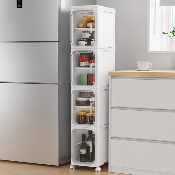BROVIEW 4-Tier Slim Storage Cabinet-Foldable Narrow Bathroom Organizer, Adjustable Fridge & Vanity Gap Shelf Unit, Easy Roll Casters, Waterproof for Laundry, Kitchen,White