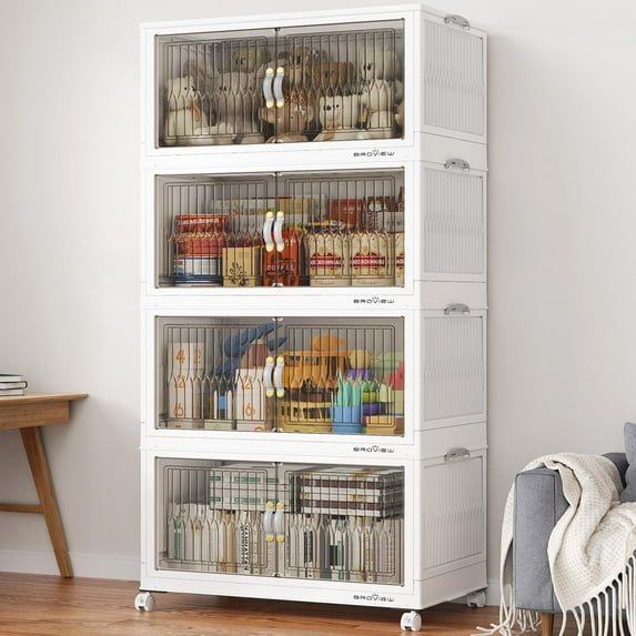 BROVIEW 400Qt Stackable Storage Bins with Lid, Plastic Closet Organizers and Storage Drawer, Collapsible Storage Box with Wheels, Folding Storage Cabinet for Closet Clothes Organization, 4Pack White