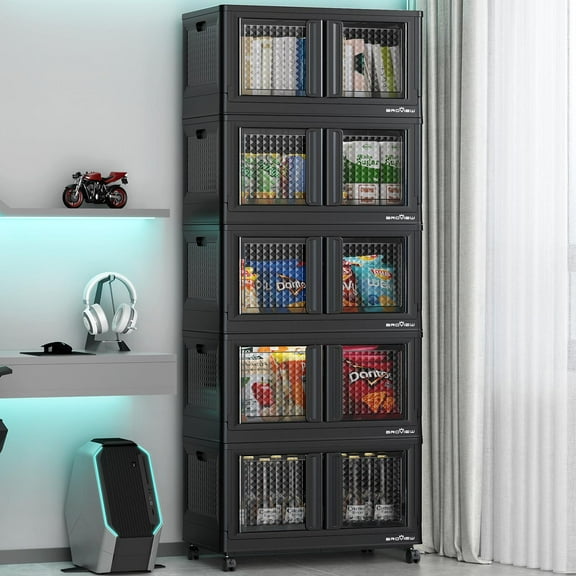 BROVIEW 400Qt Storage Bins with Lids, 100 Gal Plastic Stackable Storage Bins with Doors, Wheels, Collapsible Closet Organizers and Storage, Foldable Box Cabinet for Home Office Garage, 5 Pack Black