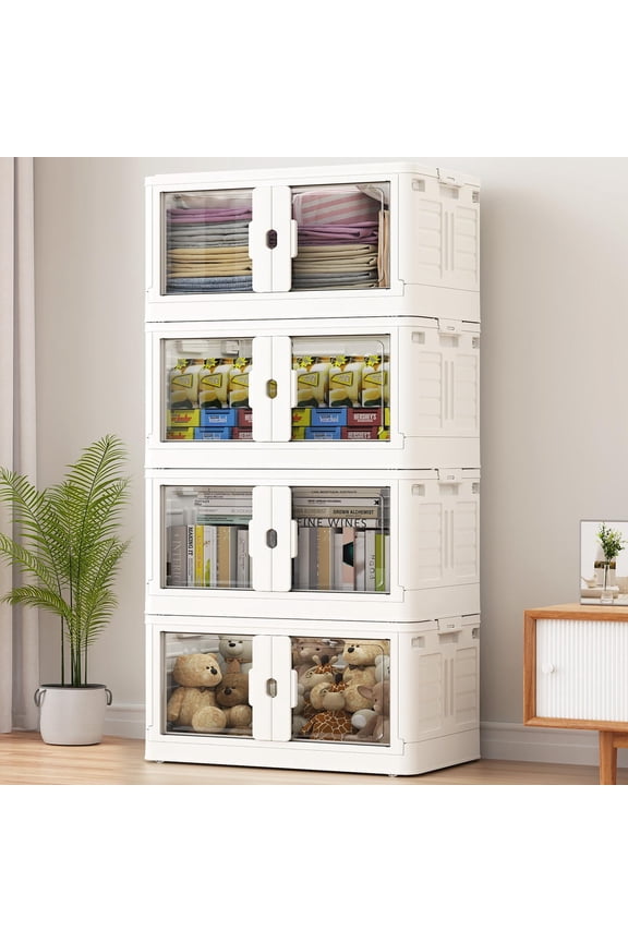 460 QT Stackable Collapsible Storage Bins with Individual Lids, Wheels & Doors, Large Plastic Latching Boxes Closet Organizers and Storage Cabinet Shelves, for Home, Office, 4-Pack, White