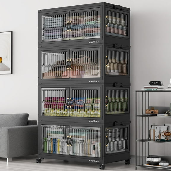 BROVIEW 480QT Large Stackable Storage Bins with Lids and Wheels, Plastic Closet Organizer and Storage Drawer, Collapsible Storage Cabinet with Doors for Home Kitchen, 4Pack Black