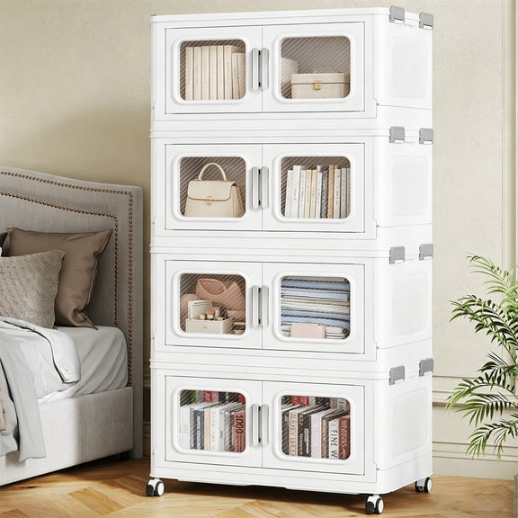 200 Qt Extra Large Stackable Storage Bins with Lid, 50Gal Collapsible Closet Organizer and Storage Drawers with Wheels, Plastic Storage Box for Closet Clothes Organization,White