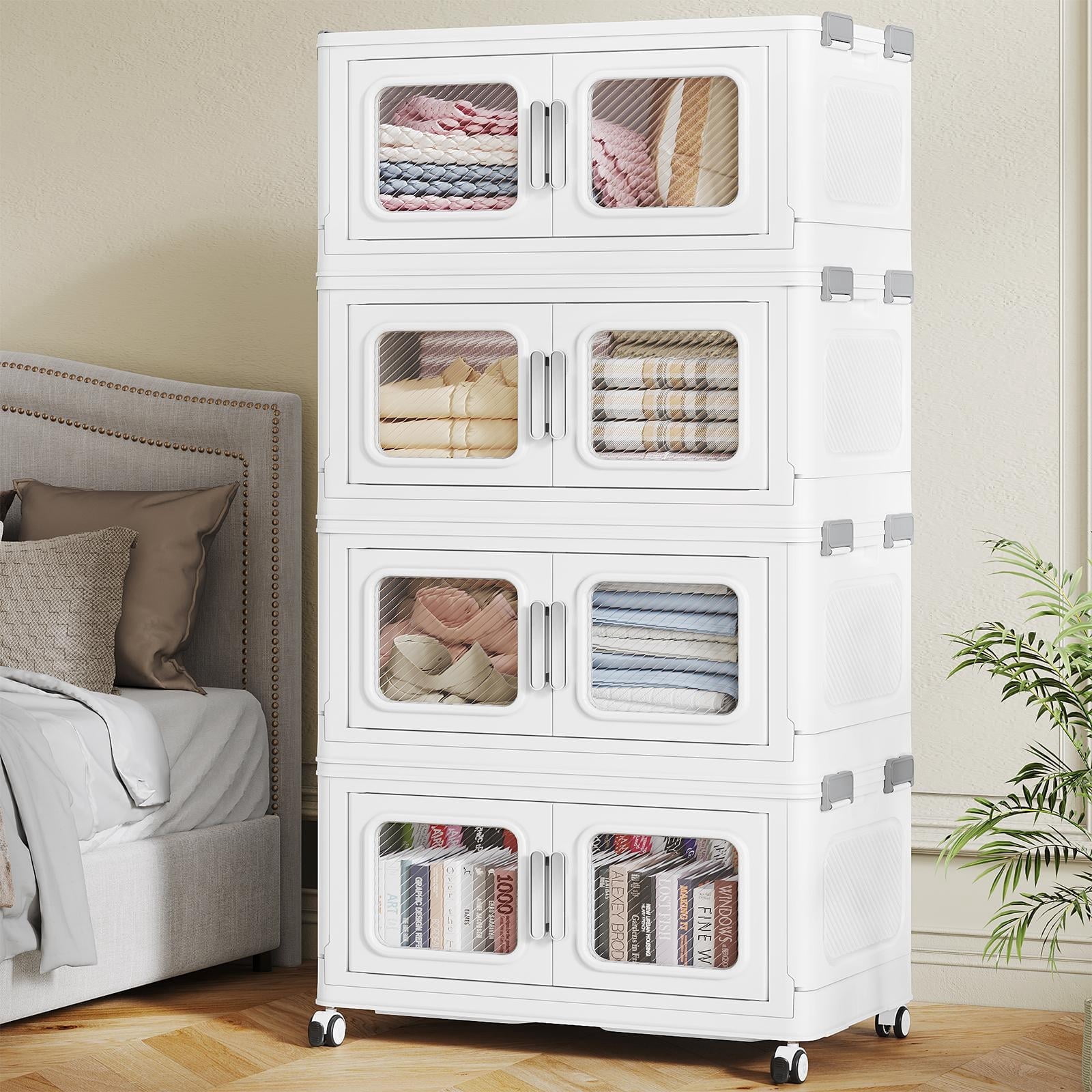 BROVIEW 50Gal Extra Large Storage Bins with Lid, 200Qt Plastic Stackable Storage Bins with Wheels, Collapsible Closet Organizer and Storage Drawers, Storage Cabinets for Home, Office, 4 Pack, White