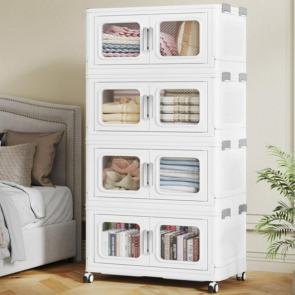 BROVIEW 50Gal Extra Large Storage Bins with Lid, 200Qt Plastic Stackable Storage Bins with Wheels, Collapsible Closet Organizer and Storage Drawers, Storage Cabinets for Home, Office, 4 Pack, White