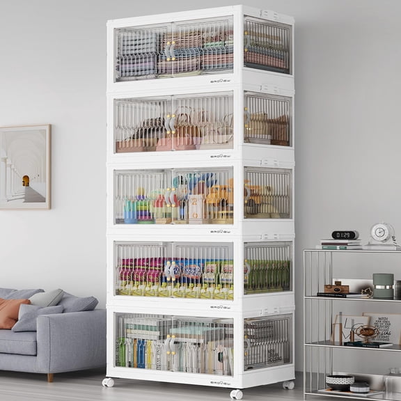 BROVIEW 600QT Large Stackable Storage Bins with Lids and Wheels, Plastic Closet Organizer and Storage Drawer, Collapsible Storage Cabinet with Doors for Home Kitchen, 5Pack White