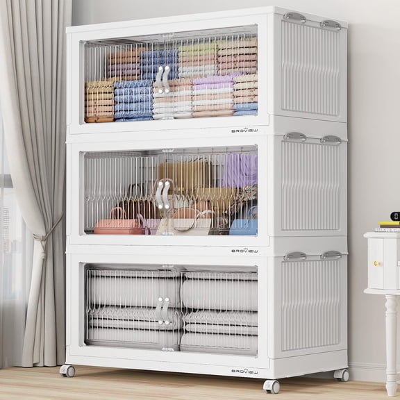 BROVIEW 600Qt Extra Large Stackable Storage Bins with Lid, Plastic Closet Organizer and Storage Drawer, Collapsible Storage Box with Wheels, Folding Storage Cabinet for Closet Organizing, 3Pack White