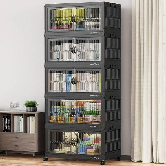 BROVIEW 600Qt Stackable Storage Bins with Lids, Plastic Closet Organizers and Storage Drawer, Collapsible Storage Box with Wheels, Folding Storage Cabinet for Closet Clothes Organization, 5Pack Black