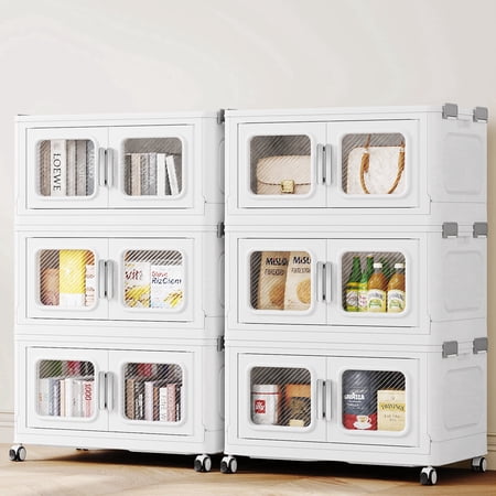 BROVIEW 75Gal Extra Large Storage Bins with Lid, 300Qt Plastic Stackable Storage Bins with Wheels, Collapsible Closet Organizer and Storage Drawers, Storage Cabinets for Home, Office, 6 Pack, White