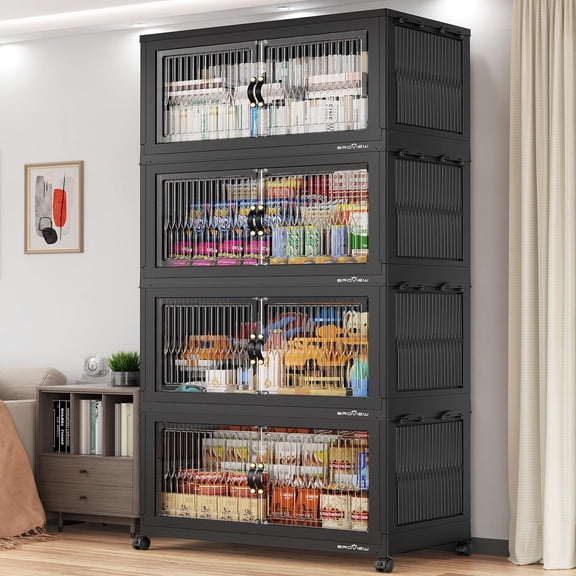 BROVIEW 800Qt Extra Large Stackable Storage Bins with Lid, Plastic Closet Organizer and Storage Drawer, Collapsible Storage Box with Wheels, Folding Storage Cabinet for Closet Organizing, 4Pack Black