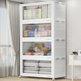 thumbnail image 1 of BROVIEW 800Qt Extra Large Stackable Storage Bins with Lid, Plastic Closet Organizer and Storage Drawer, Collapsible Storage Box with Wheels, Folding Storage Cabinet for Closet Organizing, 4Pack White, 1 of 9
