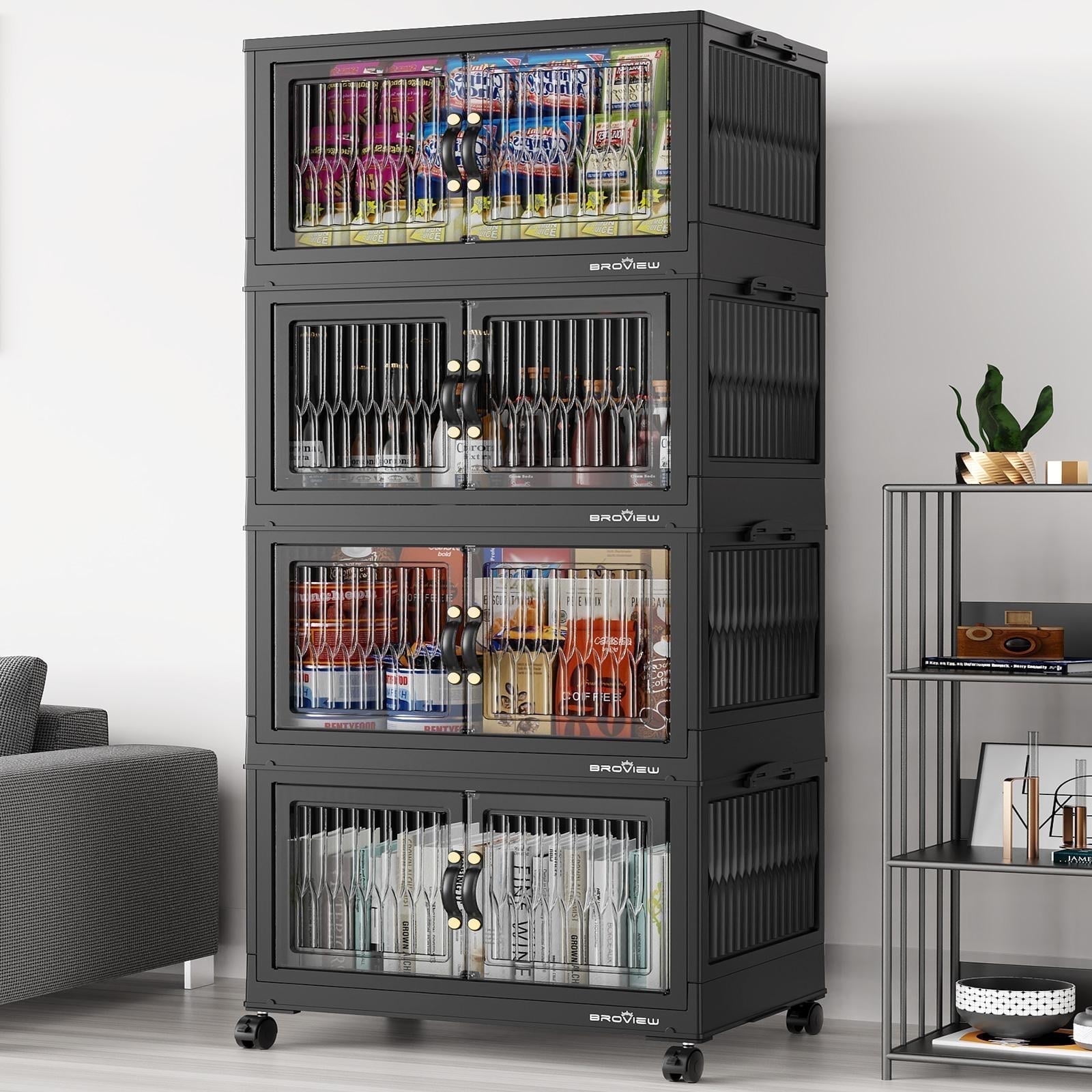 BROVIEW 80Gal Large Storage Bins with Lids, 360Qt Plastic Stackable Closet Organizer and Storage, Collapsible Storage Box with Wheels, Folding Storage Cabinet Containers for Home Office, 4Pack Black