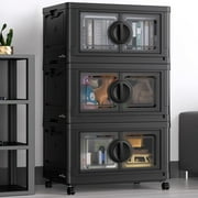 BROVIEW 84Gal Plastic Storage Bins with Lids, 336Qt Large Stackable Storage Bins with Wheels, Collapsible Closet Organizer and Storage Drawers, Storage Cabinets for Home, Office, 3 Pack, Black