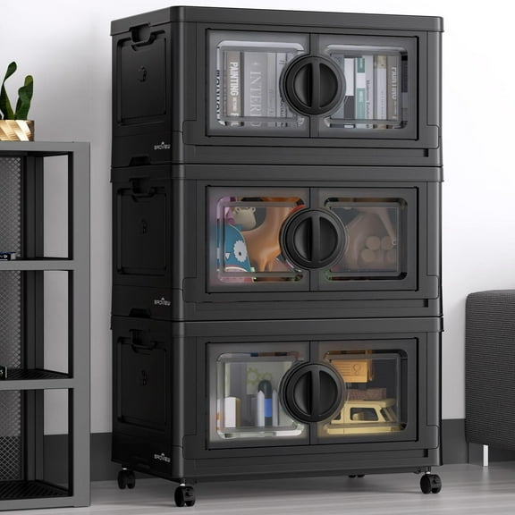 BROVIEW 84Gal Plastic Storage Bins with Lids, 336Qt Large Stackable Storage Bins with Wheels, Collapsible Closet Organizer and Storage Drawers, Storage Cabinets for Home, Office, 3 Pack, Black