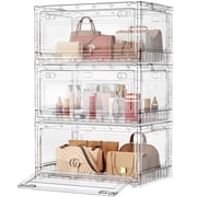 BROVIEW Full Clear Storage Bins Large 240Qt, Shiny Plastic Display Box, for Home Crafts Makeup, Stackable & Foldable, Individual Lids & Wheels, 3Pack