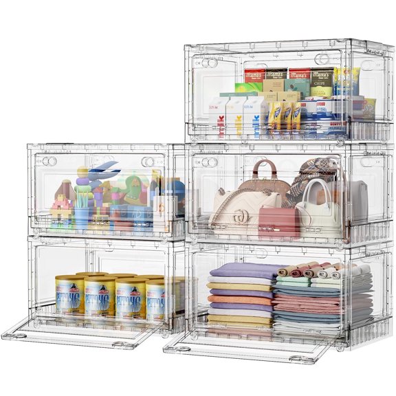 BROVIEW Full Clear Storage Bins Large 400Qt, Shiny Plastic Display Box, for Home Crafts Makeup, Stackable & Foldable, Individual Lids & Wheels, 5Pack