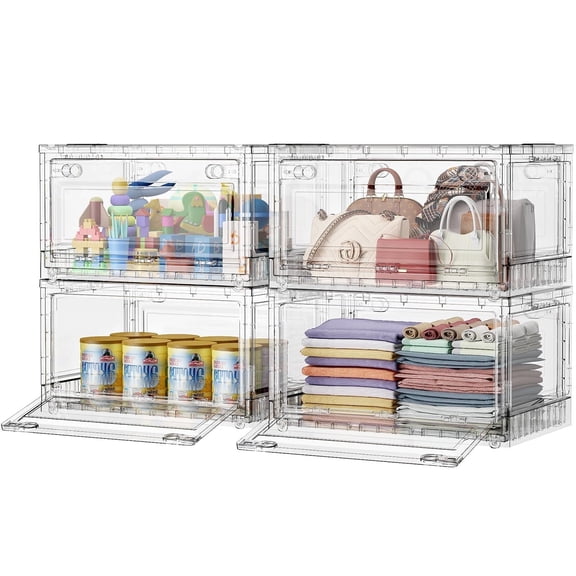 BROVIEW Full Clear Storage Bins Large 320Qt, Shiny Plastic Display Box, for Home Crafts Makeup, Stackable & Foldable, Individual Lids & Wheels, 4Pack