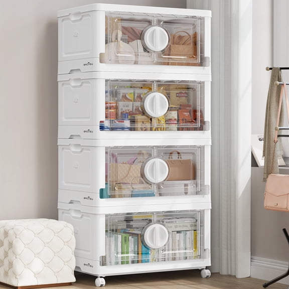 BROVIEW Large Lockable Stackable Storage Bins with Lids, 120Gal Plastic Collapsible Storage Bin with Wheels, Closet Organizers and Storage Drawers, Cabinet for Clothes Organizer, 4Pack White V9