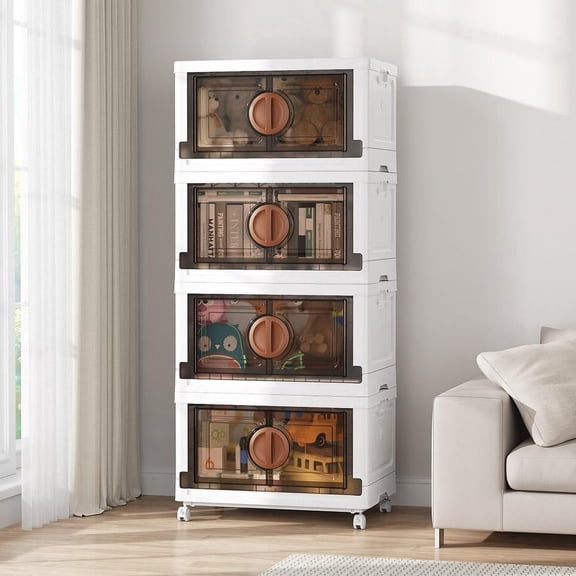 BROVIEW Large Lockable Stackable Storage Bins with Lids, 120Gal Plastic Collapsible Storage Bin with Wheels, Closet Organizers and Storage Drawers, Cabinet for Clothes Organizer, 4Pack Brown V9