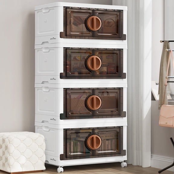 BROVIEW Large Lockable Stackable Storage Bins with Lids, 120Gal Plastic Collapsible Storage Bin with Wheels, Closet Organizers and Storage Drawers, Cabinet for Clothes Organizer, 4Pack Brown V9