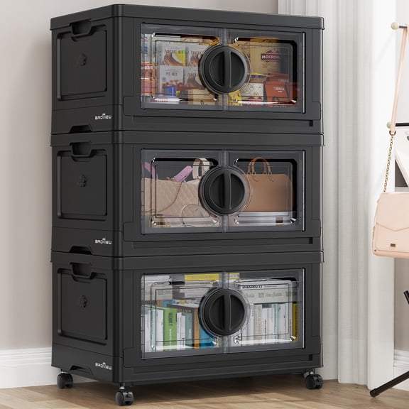 BROVIEW Large Lockable Stackable Storage Bins with Lids, 120Gal Plastic Collapsible Storage Bin with Wheels, Closet Organizers and Storage Drawers, Cabinet for Clothes Organizer, 4Pack Brown V9