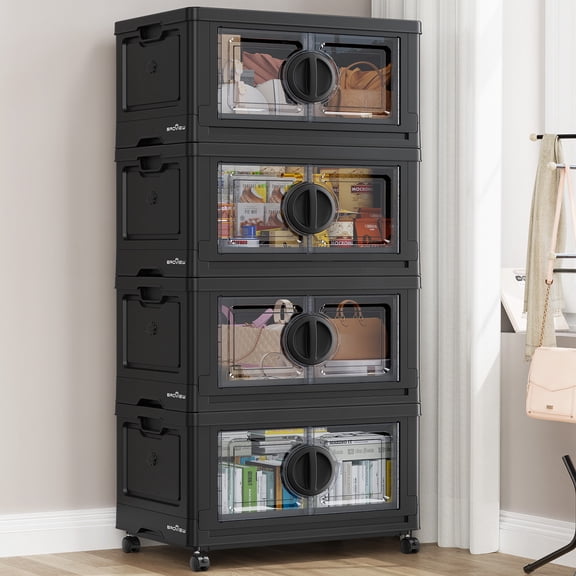 BROVIEW Large Lockable Stackable Storage Bins with Lids, 90Gal Plastic Collapsible Storage Bin with Wheels, Closet Organizers and Storage Drawers, Cabinet for Clothes Organizer, 4Pack Black V9