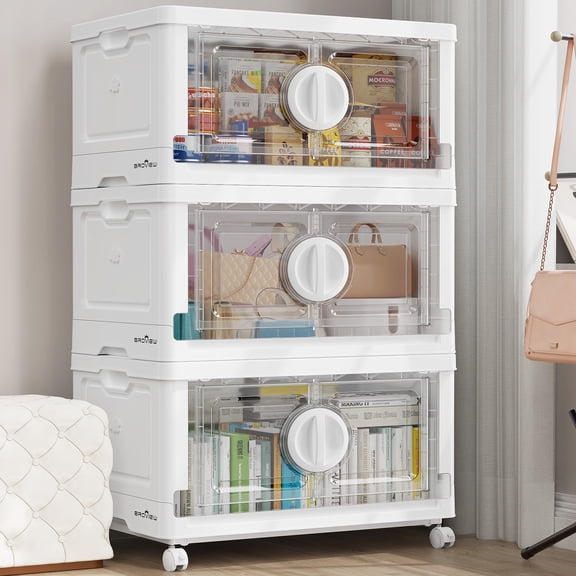 BROVIEW Large Lockable Stackable Storage Bins with Lids, 90Gal Plastic Collapsible Storage Bin with Wheels, Closet Organizers and Storage Drawers, Cabinet for Clothes Organizer, 3Pack White V9