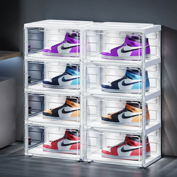 BROVIEW Led Shoe Boxes, Smart Shoe Display Case with Lights, Large Clear Plastic Foldable Shoe Storage Box, Voice Activated Led Shoe Organizer Sneaker Case,  2 Row 4 Tier White