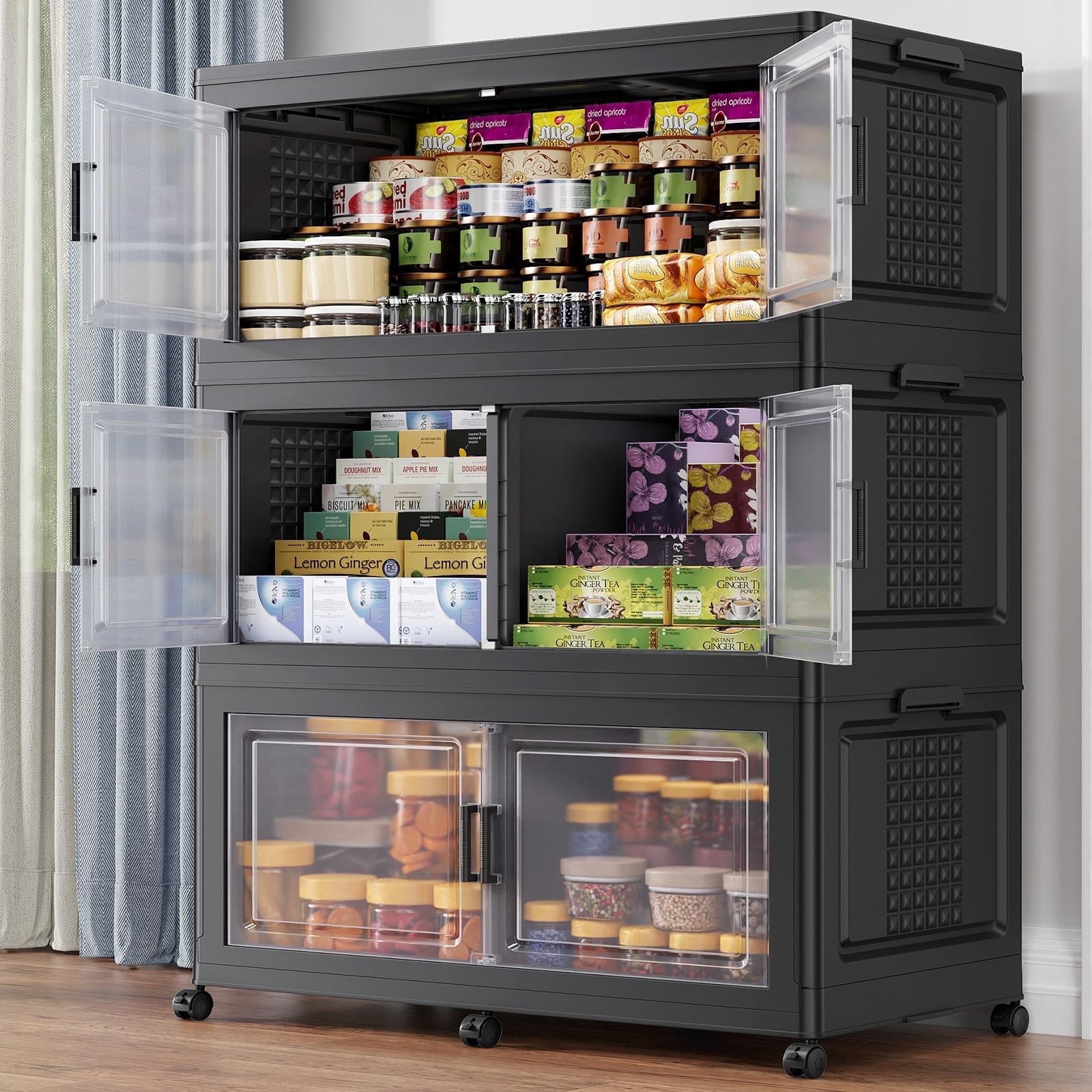 BROVIEW Stackable Storage Bins 150Gal Extra Large, Collapsible Plastic Closet Organizers Cabinet for Home, Lid, Wheels, Doors, Dividers, 3-Pack Black
