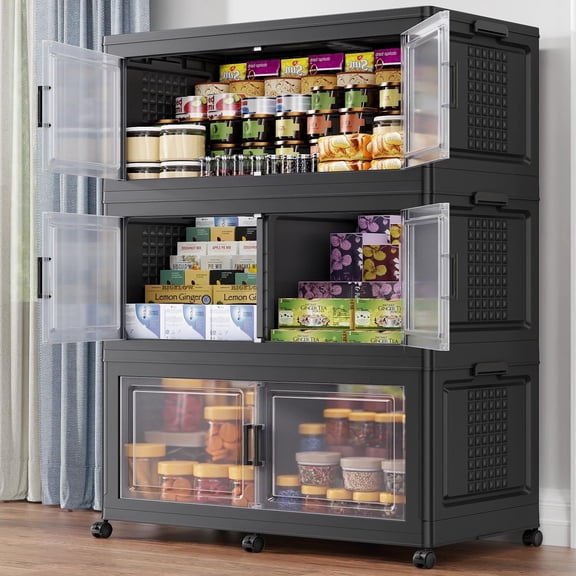 BROVIEW Stackable Storage Bins 150Gal Extra Large, Collapsible Plastic Closet Organizers Cabinet for Home, Lid, Wheels, Doors, Dividers, 3-Pack Black