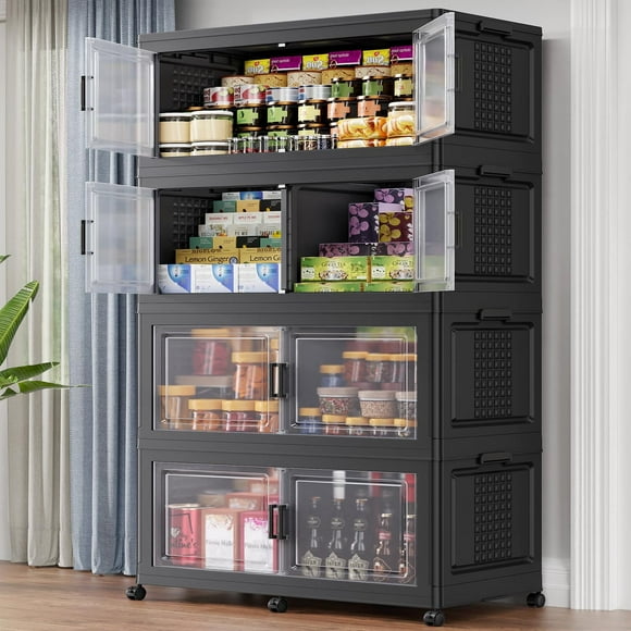 BROVIEW Stackable Storage Bins 800Qt Extra Large, Collapsible Plastic Closet Organizers Cabinet for Home, Lid, Wheels, Doors, Dividers, 4-Pack Black