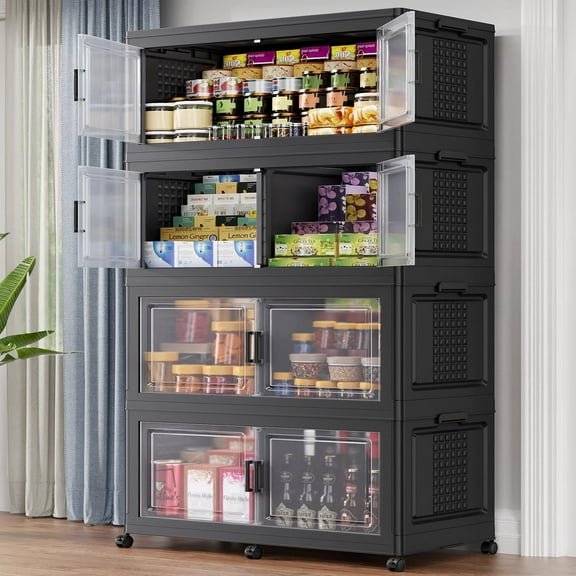 BROVIEW Stackable Storage Bins 800Qt Extra Large, Collapsible Plastic Closet Organizers Cabinet for Home, Lid, Wheels, Doors, Dividers, 4-Pack Black