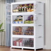 BROVIEW Stackable Storage Bins 200Gal Extra Large, Collapsible Plastic Closet Organizers Cabinet for Home, Lid, Wheels, Doors, Dividers, 4-Pack White