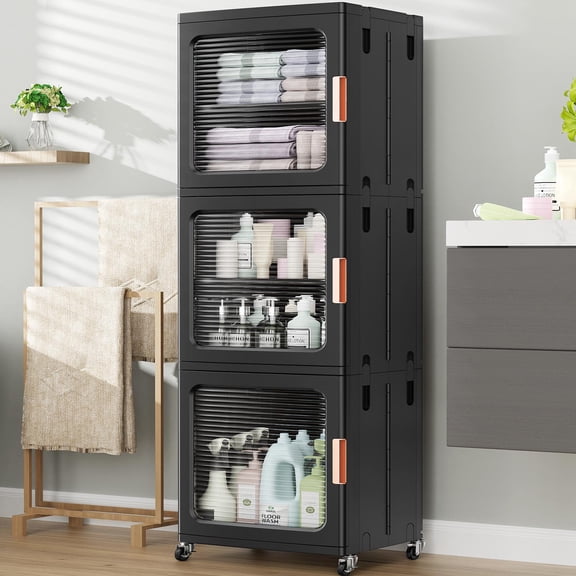 BROVIEW Tall Narrow Storage Cabinet Organizer 3-Tier 14.6" W, Slim Bathroom Cabinets with Doors and Adjustable Shelves, Plastic Kitchen Pantry Organizers and Storage for Small Space, Laundry, Black