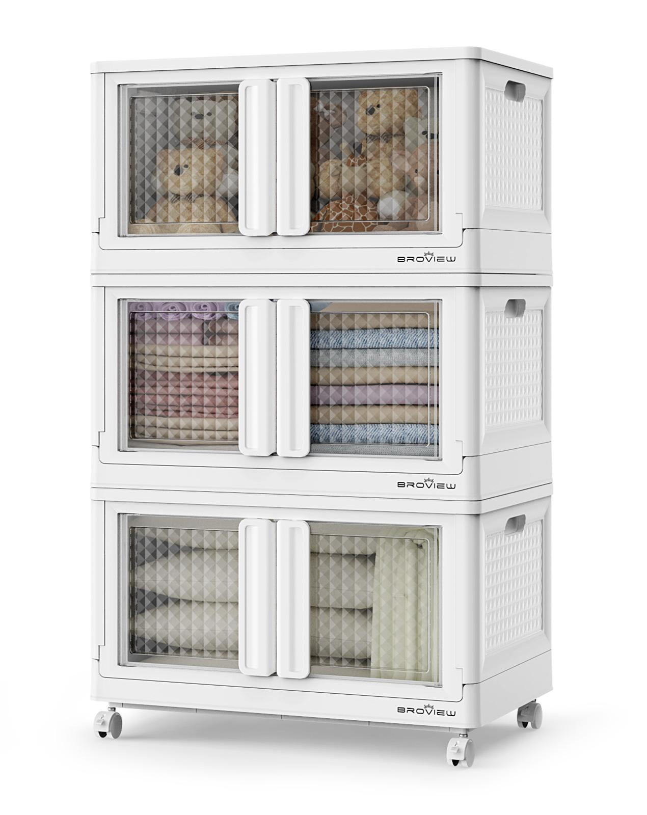 BROVIEW V10 360 Qt Plastic Storage Bins with Lids & Doors, 3 Pack 90Gal Stackable Closet Organizer and Storage Drawers with Wheels, Large Collapsible Storage Boxes, Cabinet for Home, White