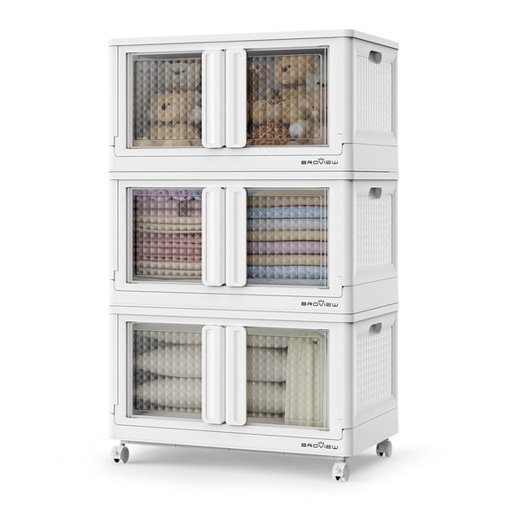 BROVIEW V10 360 Qt Plastic Storage Bins with Lids & Doors, 3 Pack 90Gal Stackable Closet Organizer and Storage Drawers with Wheels, Large Collapsible Storage Boxes, Cabinet for Home, White