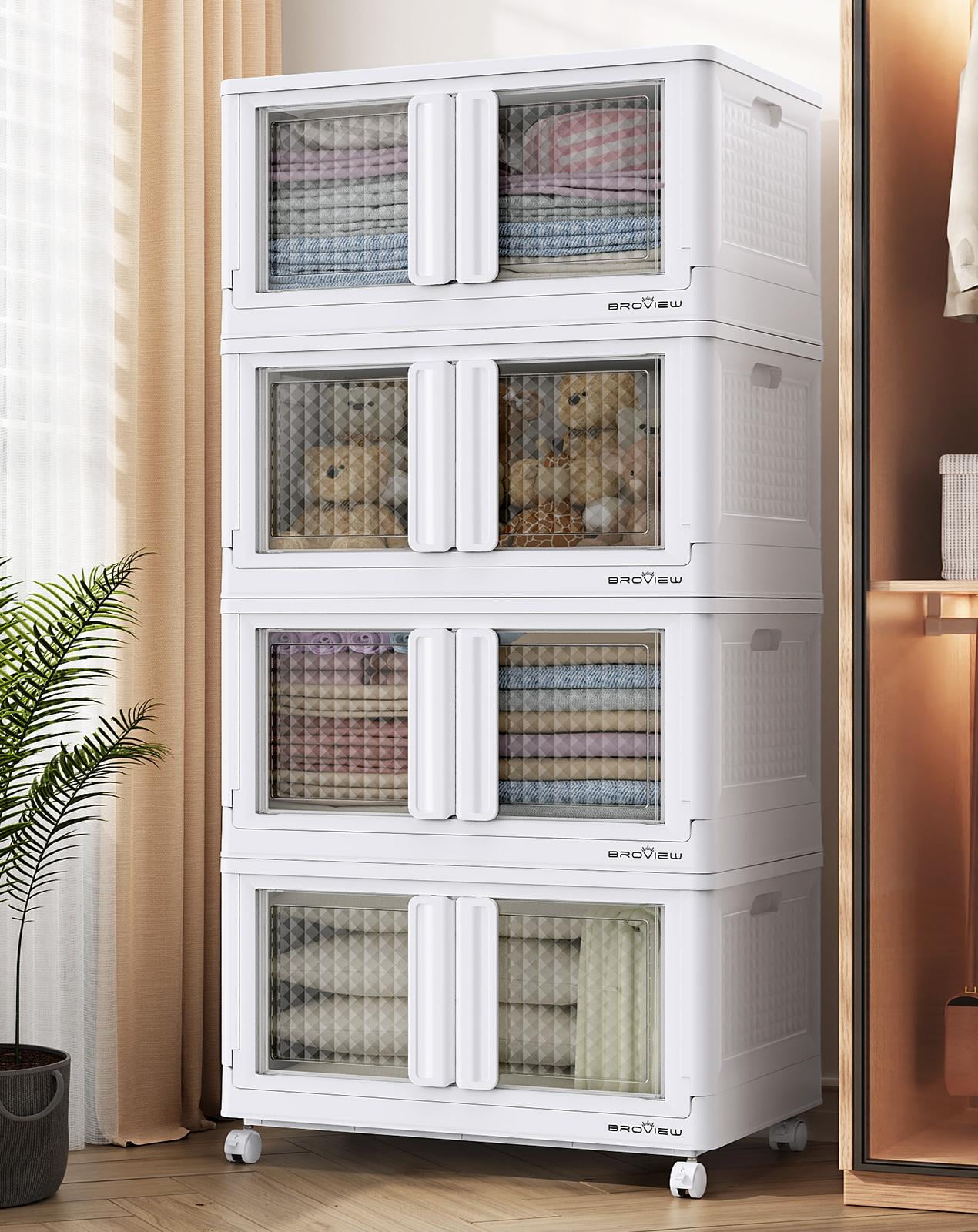 BROVIEW V10 480 Qt Plastic Storage Bins with Lids & Doors, 4 Pack 120Gal Stackable Closet Organizer and Storage Drawers with Wheels, Large Collapsible Storage Boxes, Cabinet for Home, White