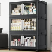 Broview V70 Storage Bins Extra Large 120 Gallon (480 Quart), Plastic Box, Stackable & Foldable, Clear Doors, Magnetic Closure, 360° Wheels, Black 3pack