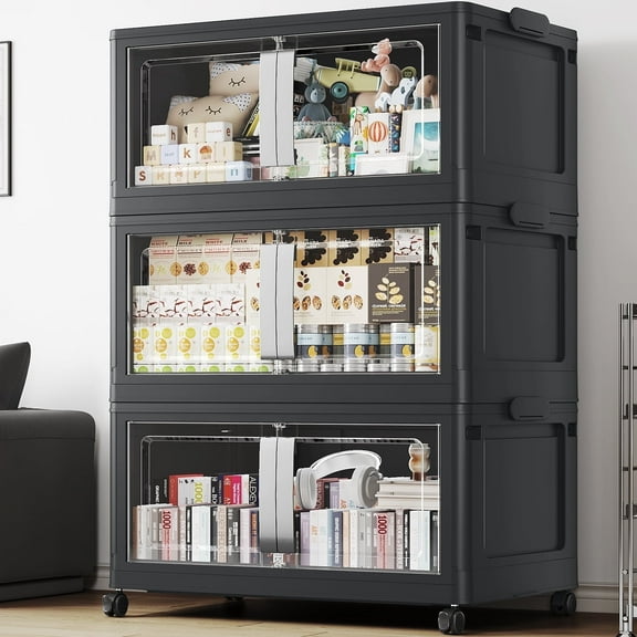 Broview V70 Stackable Storage Bins Extra Large 120 Gallon (480 Quart), Plastic Box, Stackable & Foldable, Clear Doors, Magnetic Closure, 360° Wheels, Black 3pack