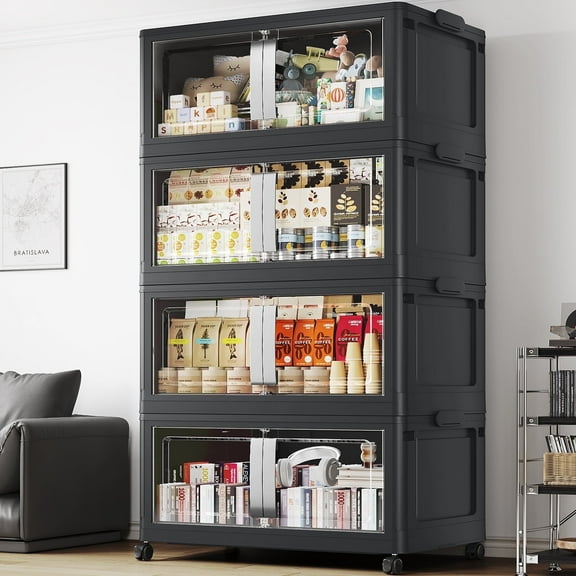 Broview V70 Stackable Storage Bins Extra Large 160 Gallon (640 Quart), Plastic Box, Stackable & Foldable, Clear Doors, Magnetic Closure, 360° Wheels, Black 4pack